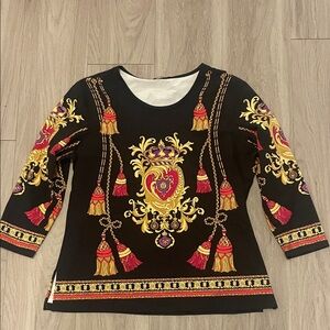 J. McLaughlin Black and Gold Patterned Blouse